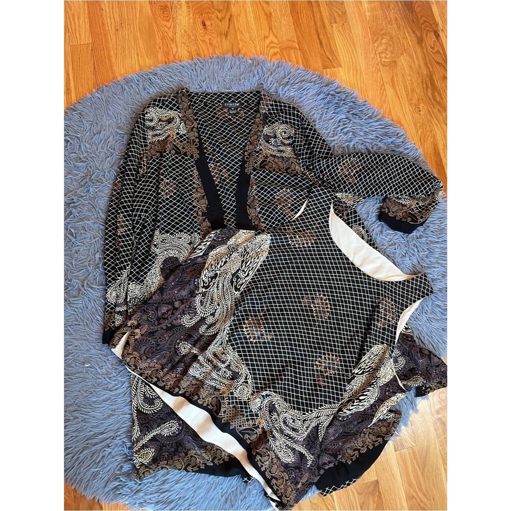 Citron Black Cream Paisley  Silk Two Piece Coord Set Top Cardigan Size 3X